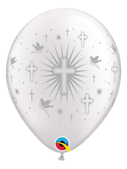 11" Cross & Doves Silver Religious Balloon